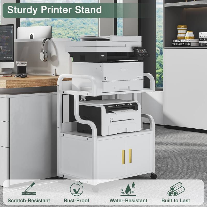 VECELO Mobile Printer Stand with Outlets & Locking Wheels White Rolling Cart Home Office Cart with USB Charging Station