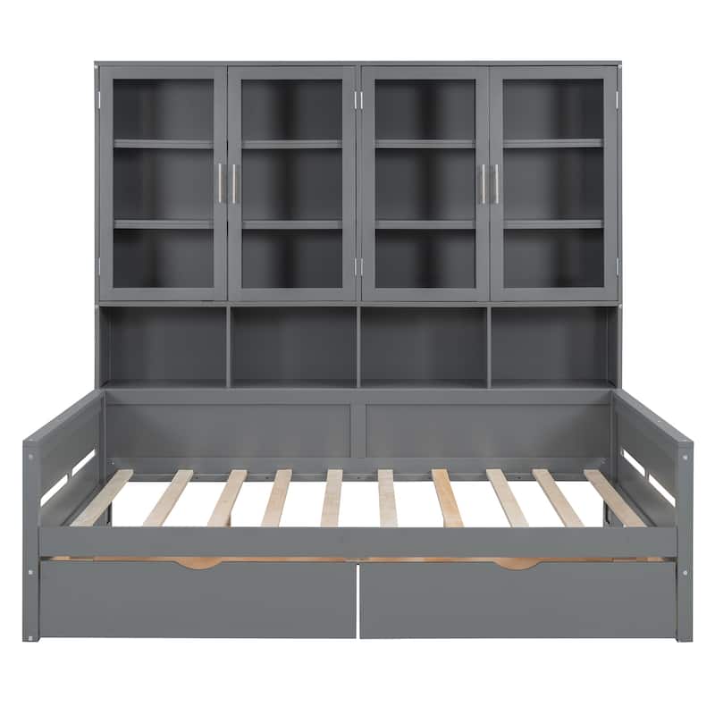 Full Size Wooden Daybed with Glass-Door Storage Cabinets, Built-in LED Lighting and Shelves, Gray