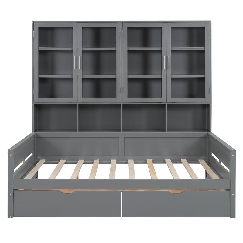 Full/Twin Size Daybed with Glass-Door Storage Cabinets, Built-in LED Lighting and Shelves