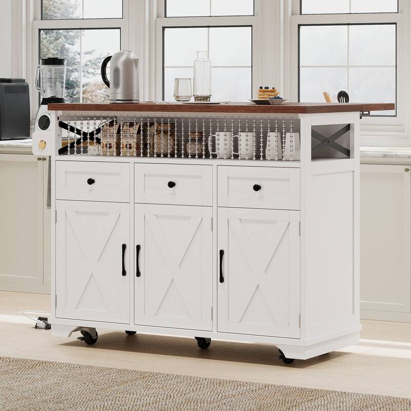 Farmhouse Kitchen Island with Drape of Beads,Power Outlet,Drop Leaf,For Kitchen,Dining Room - N/A