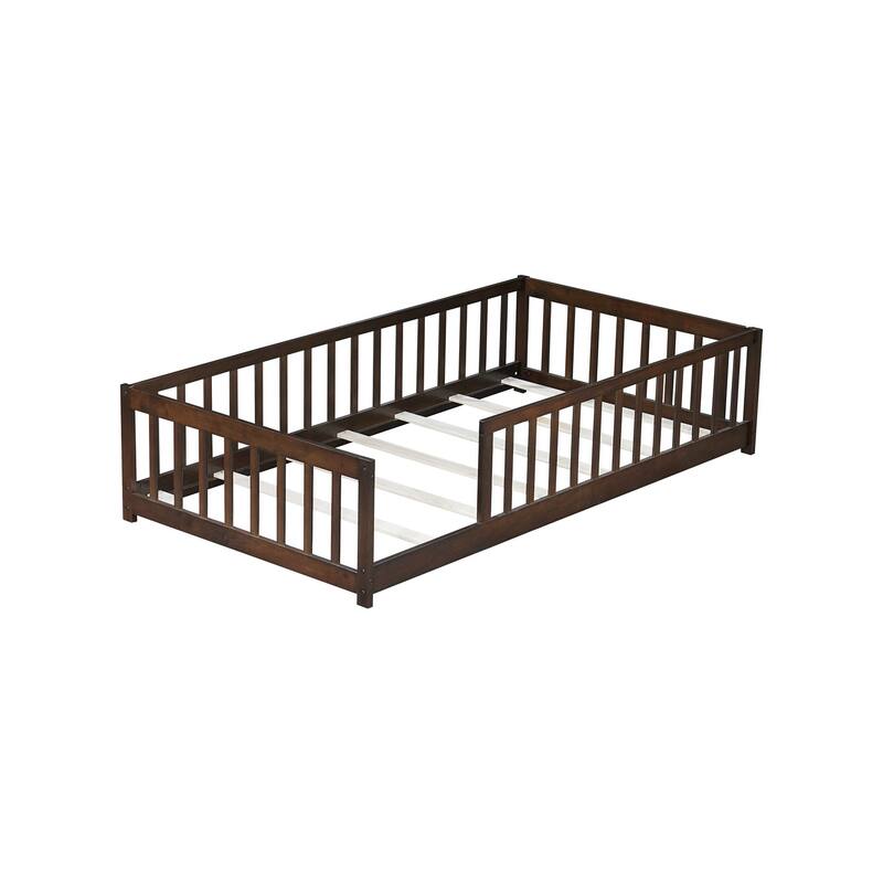 Twin Size Floor Bed with Fence without Door, Rubber Wood Floor Bed with Safety Guardrails