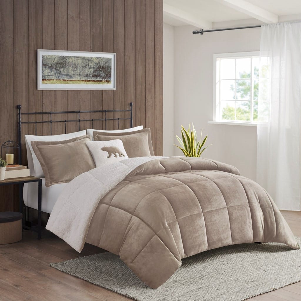 GDF Studio - Alton Plush to Sherpa Down Alternative Comforter Set - Taupe & Ivory