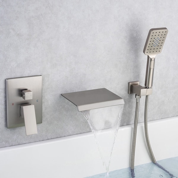 slide 2 of 34, Waterfall Wall Mount Roman Tub Filler Faucet 3 Hole Single Handle Bathroom Bathtub Faucet with Hand Shower Brushed Nickel