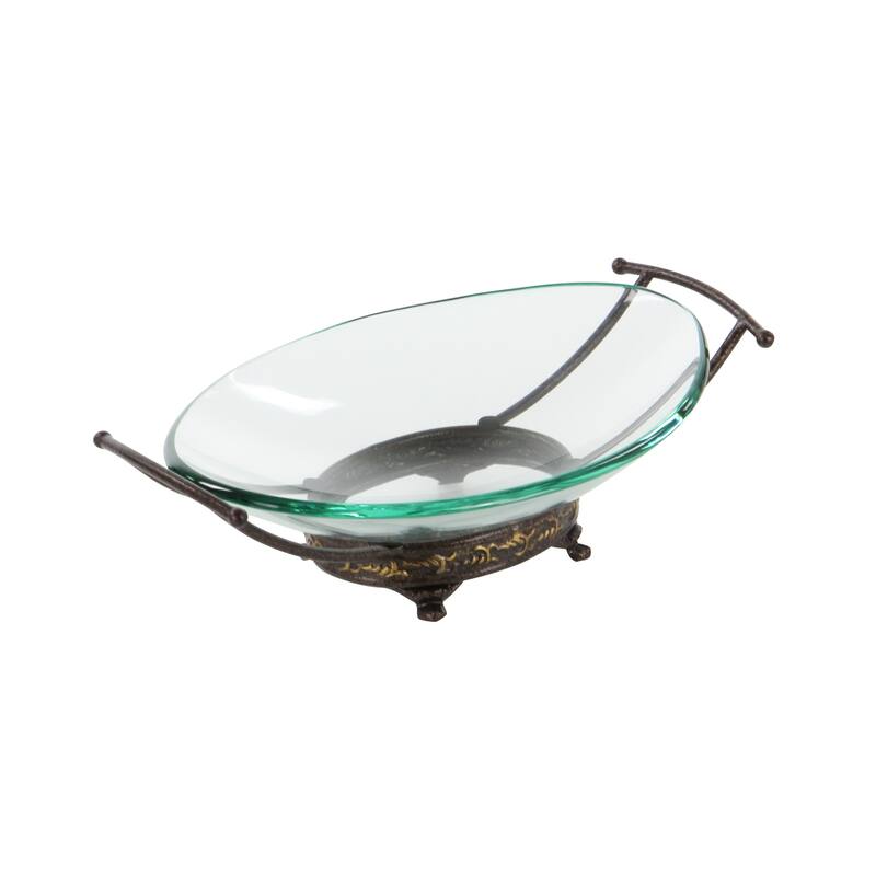 Tempered Glass Kitchen Serving Bowl with Brown Metal Base - Clear - Roche River Decor - 11"Wx17"Lx5"H