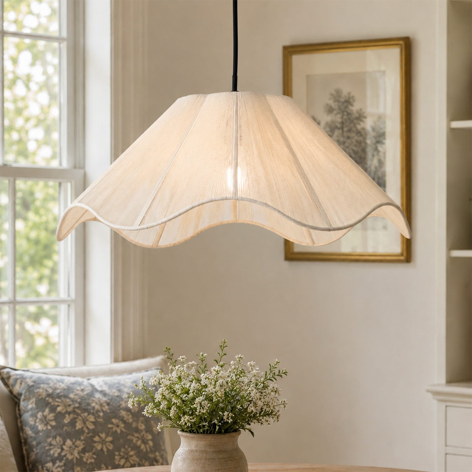 Rennnsan 1-Light Modern Fabric Pendant Light, Adjustable Height Hanging Ceiling Light for Dining Room - 19.7 in. W x 7.5 in. H