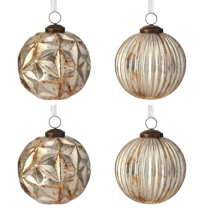 4" Ridged Glass Ball Ornament Set of 4