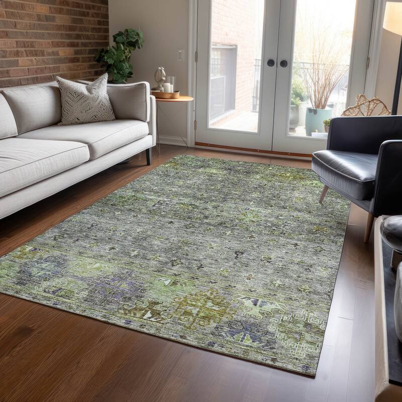Machine Washable Indoor/ Outdoor Boho Moroccan Chantille Rug - Sage - 3' x 5'