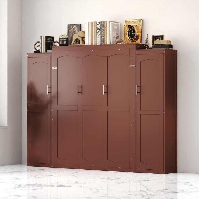 Full/Queen Murphy Bed with 2 Wardrobes and Shelf, Foldable Wall Bed Frame with Storage for Guest Room or Bedroom