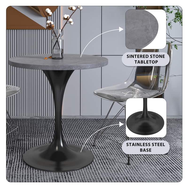 LeisureMod Verve 27" Round Dining Table with Sintered Stone TableTop and Black Steel Base for Kitchen & Dining Room - 27.56
