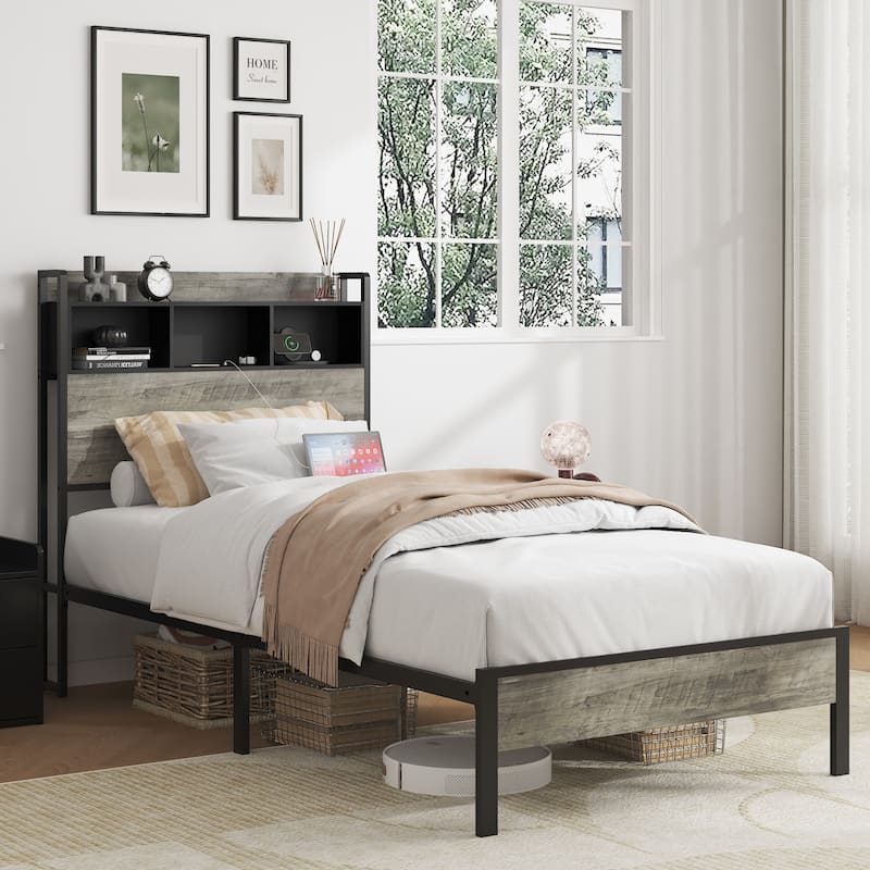 Wood Platform Bed with Storage and 2 USB,No Noise - Twin