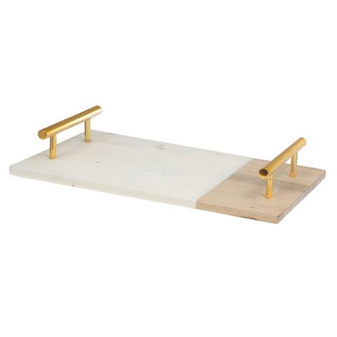White Marble And Wood Serving Tray With Handles