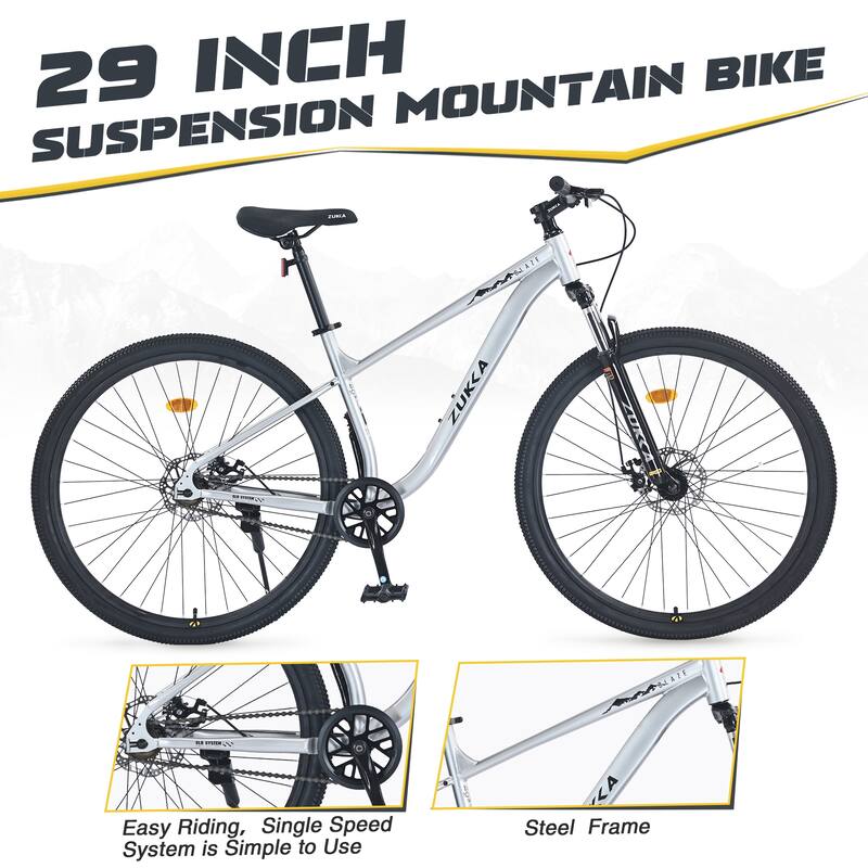 29 Inch Single Speed Mountain Bike with Front Suspension, Double Disc Brakes, Steel Frame for Adults, Boys & Girls