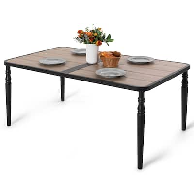 Patio Rectangle Dining Table with Umbrella Hole, Wood-Grain Tabletop