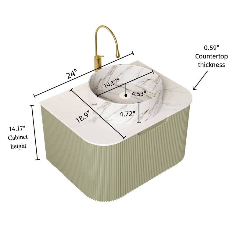 24 Inch/30 Inch/36 Inch Wall-Mounted Bathroom Vanity Cabinet with Counter Top Sink, Round Ceramic Basin with Stone Pattern