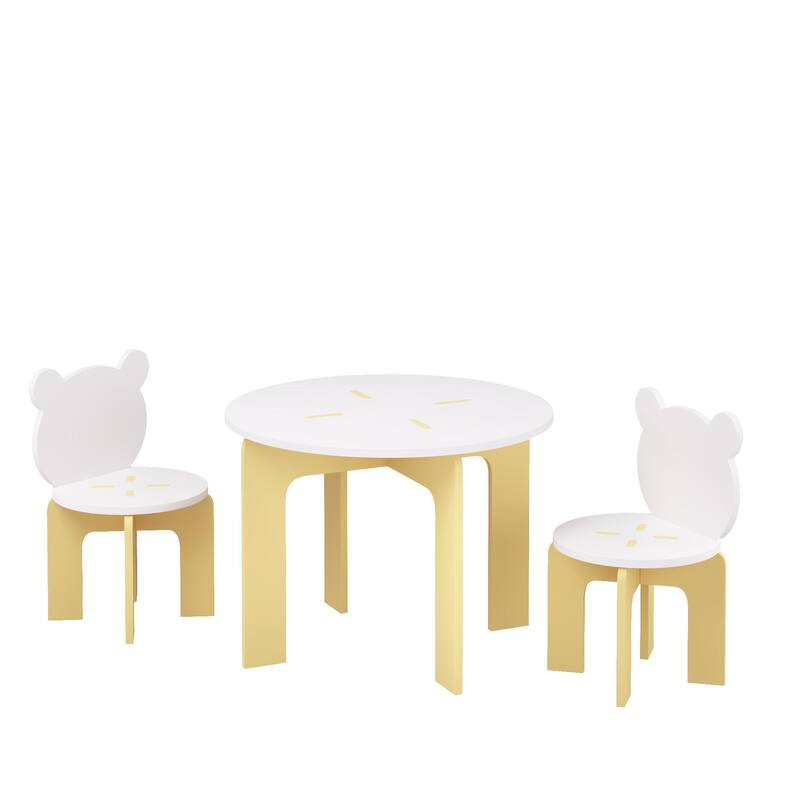 Kids Table and Chair Set, 3-Piece Toddler Table with 2 Chairs, Cute Bear-Back Chairs, Sturdy Wooden Activity Table Set