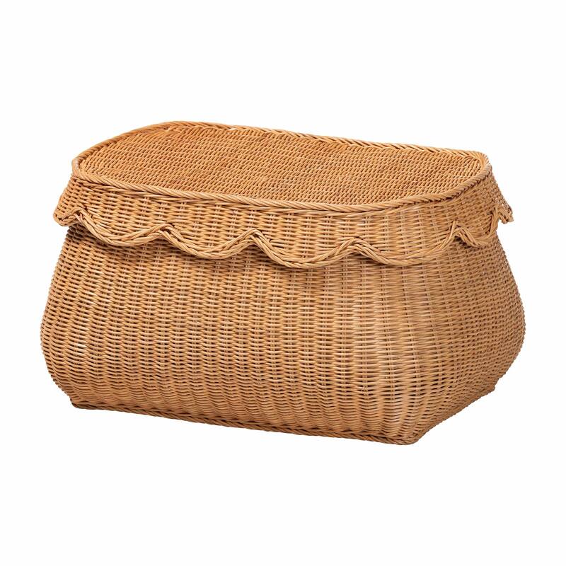 Ayleen Natural Rattan Basket Set with Scalloped Lids - Handwoven Wicker Storage Boxes, Boho Coastal Home Décor, 3-Piece Set