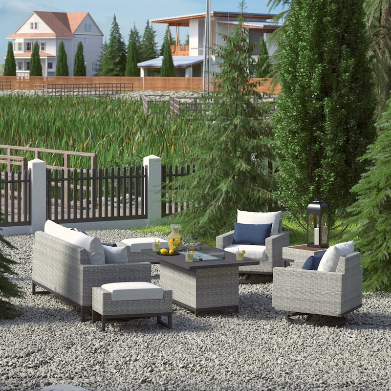 Milo Gray 7 Piece Sunbrella Outdoor Patio Motion Fire Set