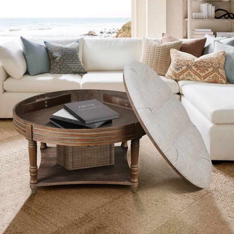 Large Round WaterProof Ottoman Coffee Table with Wooden Shelf Storage