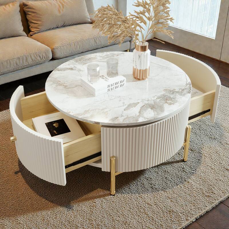 Modern Round Coffee Table with 2 Large Drawers, Marble Pattern MDF Top and Gold Metal Legs