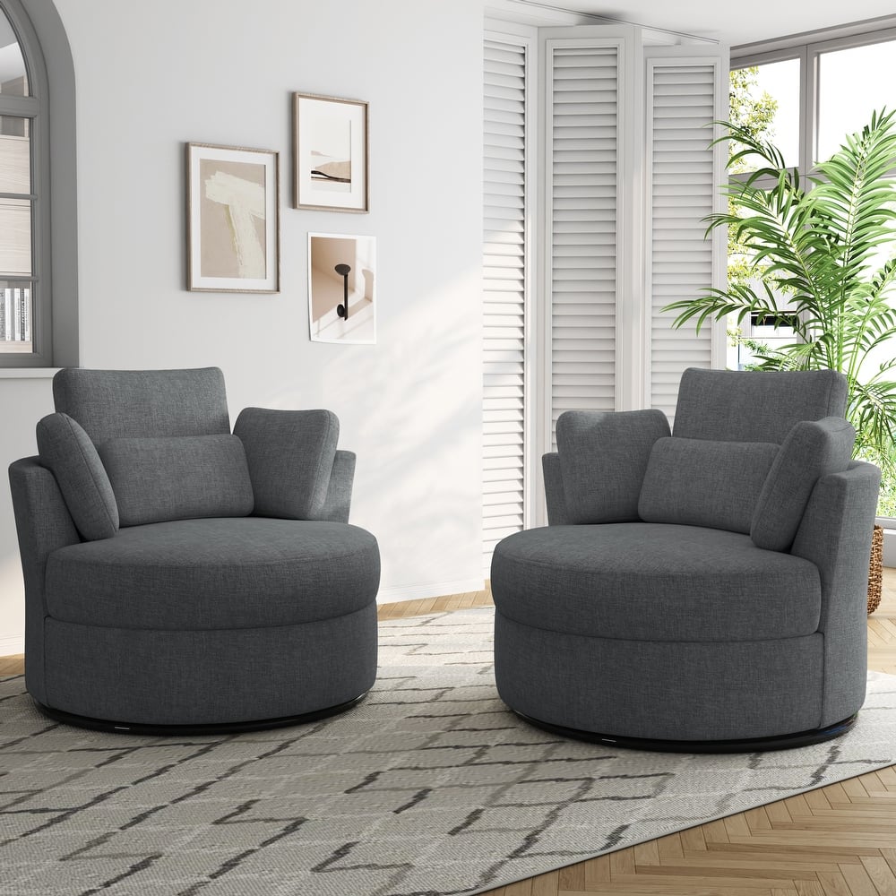 Set of 2 Upholstered Swivel Accent Barrel Chairs with Toss Pillows