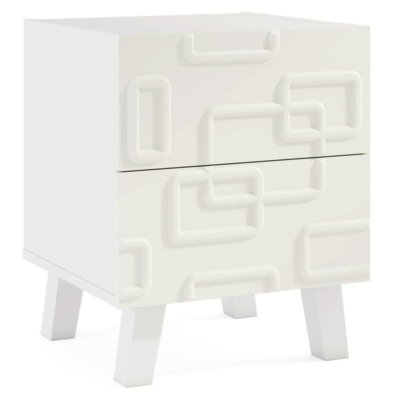 White Engineered Wood Nightstand with 2 Drawers and 3D Geometric Design - White