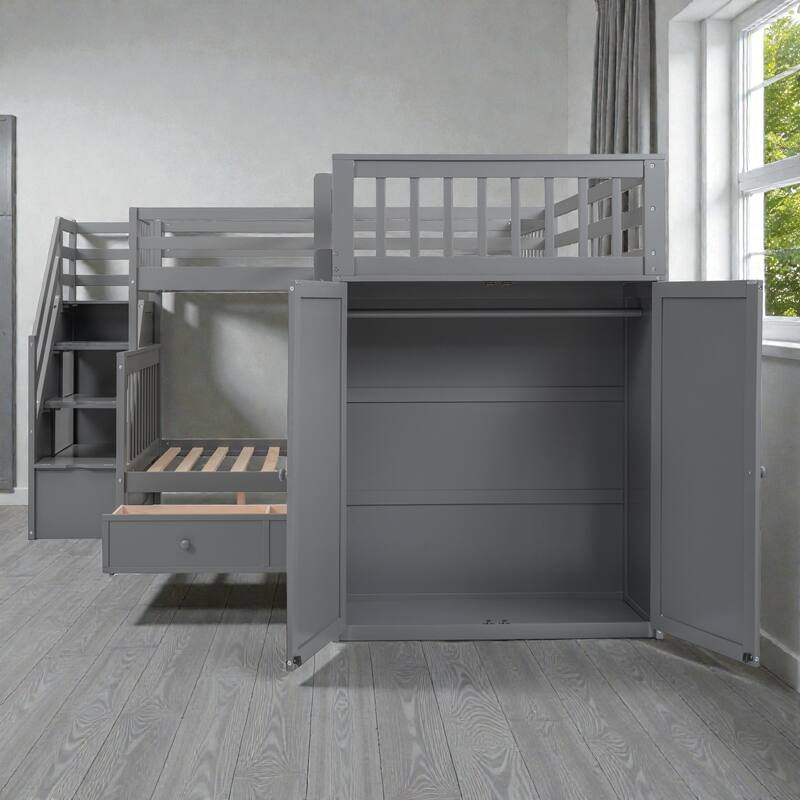 Twin Twin Over Full L-Shaped Bunk Bed with Drawers, Wardrobe and Retractable Desk, Pine Wood Frame