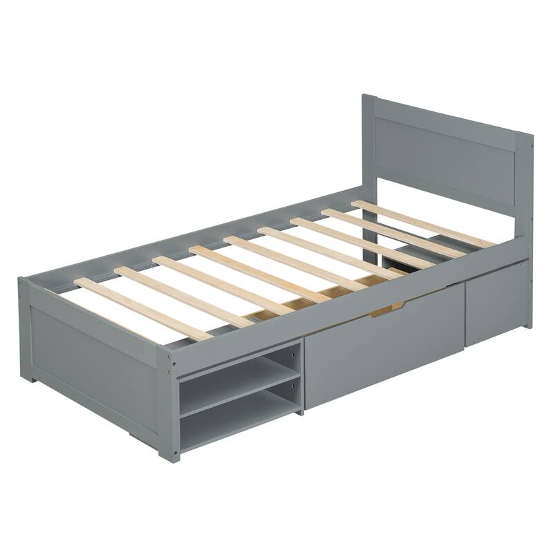 Antique Gray Twin Size Platform Bed with Drawer and Two Storage Shelves