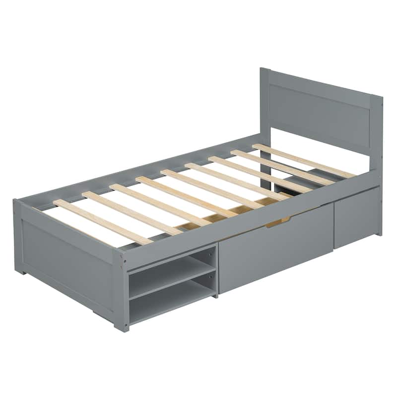 Twin Size Platform Bed With Drawer And Two Shelves