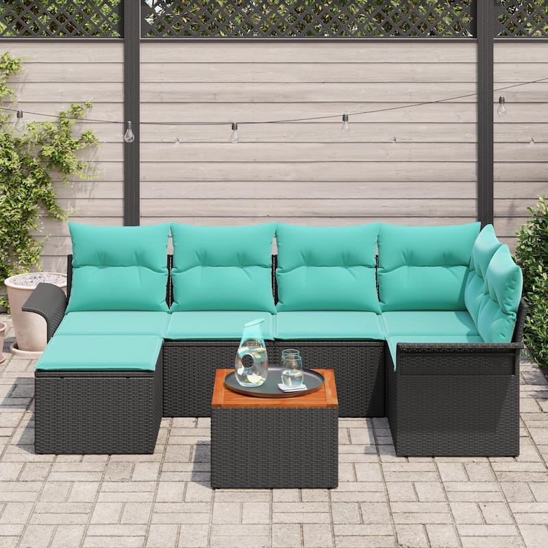 vidaXL 7 Garden Sofa Set with Cushions Black Poly Rattan - 95.9 x 52.2 x 27.2