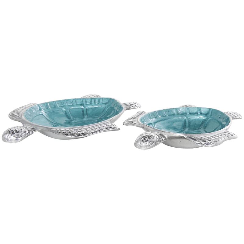 Aluminum Metal Turtle Handmade Enameled Decorative Bowl with Silver Exterior - Set of 2 White, Teal, Blue - Roche River Decor