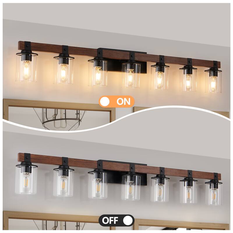 50" Rustic 7-Light Vanity Light, Industrial Bathroom Wall Sconce with Glass Shades and Wood Accent(No Bulbs) - Walnut