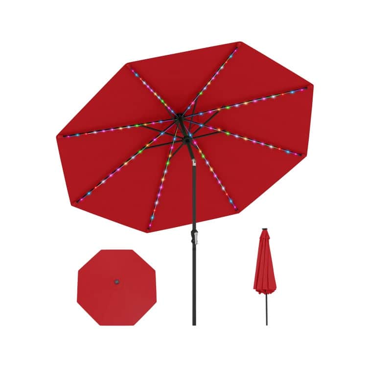 Polyester Metal Solar Patio Umbrella with LED Lights - Red