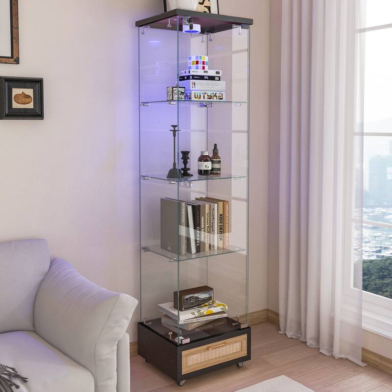 Glass Display Cabinet With Drawer,Cabinet With Led Lights,Tempered Glass Bookshelf, 1-Door Storage Case With 4 Shelves