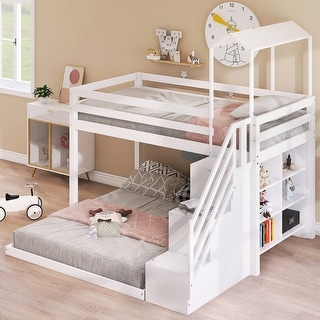 Convertible Twin/Full Bunk Bed with Staircase and Moveable Shelves