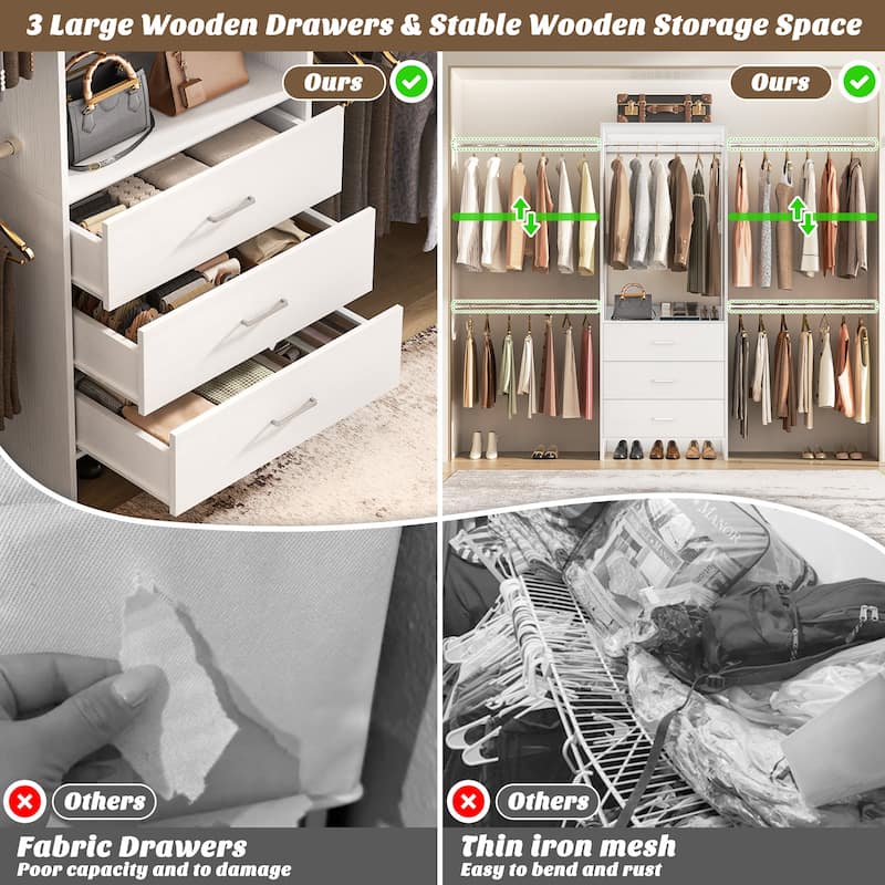 Cimly 118'' Closet Organizer with 3 Wooden Drawers, Adjustable Closet System with 5 Hanging Rods
