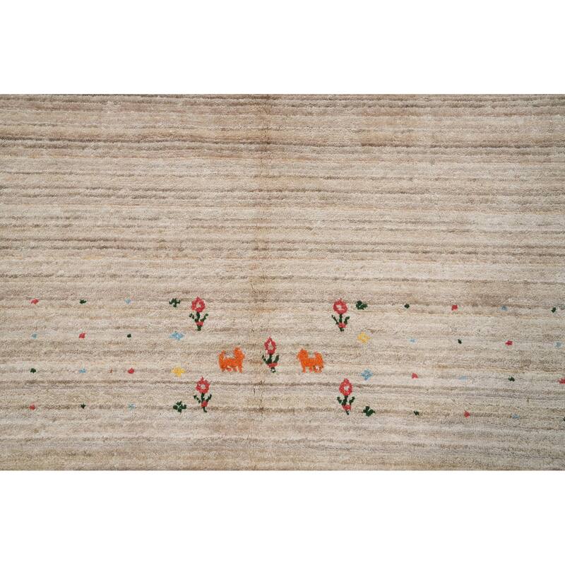 Hand Knotted Oriental Viscose Silk Carpet Tribal Animal Pictorial Beige & Ivories Gabbeh Area Rug - 12' 0'' X 6' 6''
