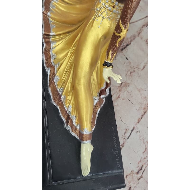 Art Nouveau Chiparus Dancer In Long Skirt - Gold Patina Bronze Sculpture