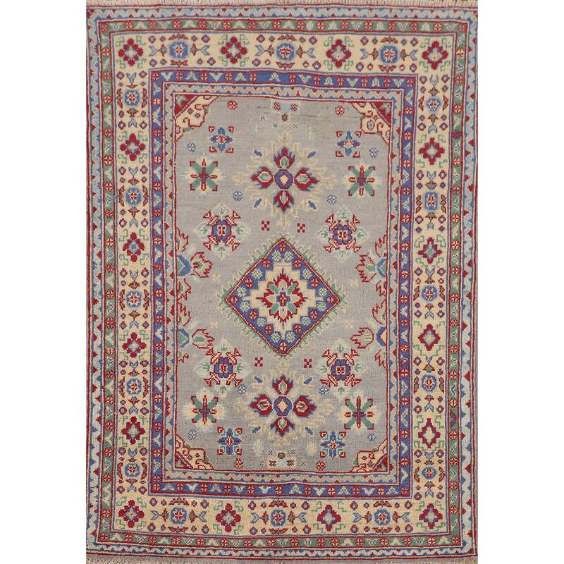 Gray Geometric Kazak Accent Rug Handmade Wool Carpet - 3'3" x 5'0"
