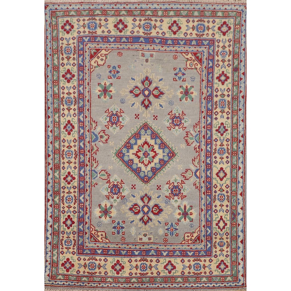 Gray Geometric Kazak Accent Rug Handmade Wool Carpet - 3'3" x 5'0"