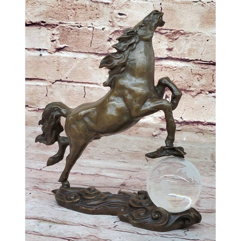 Bronze Horse Figurine Sculpture W/ Crystal Ball - Signed Original Equestrian Art By Milo