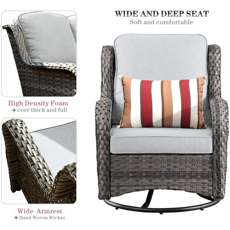 OVIOS Grey Wicker 6-piece Patio Furniture Set Swivel Rocking Chair With Fire Pit
