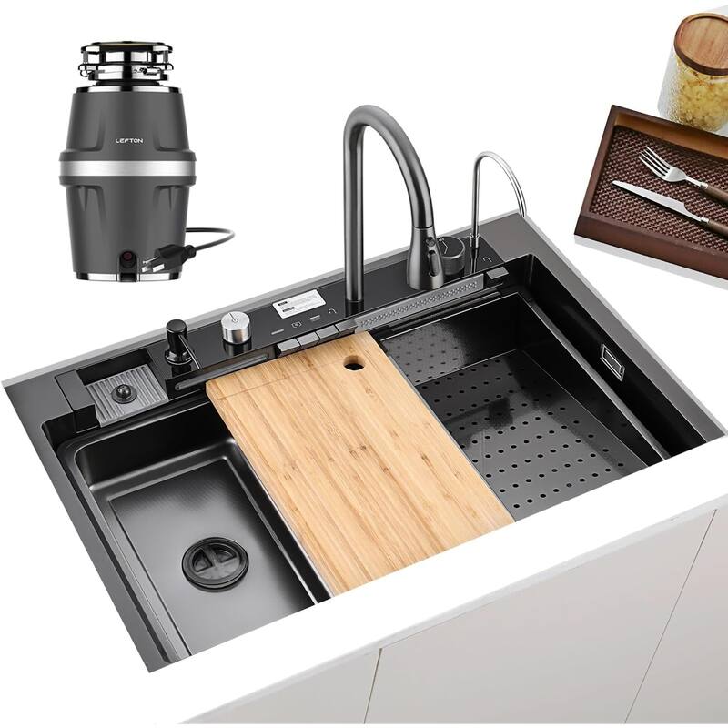 Lefton New 33"x22" Stainless Steel Waterfall Kitchen Sink with Temperature Display in Fahrenheit, Pull-down, KS2206L-PRO - 33x22 (w/ 1/2 HP Garbage Disposal) - Grey