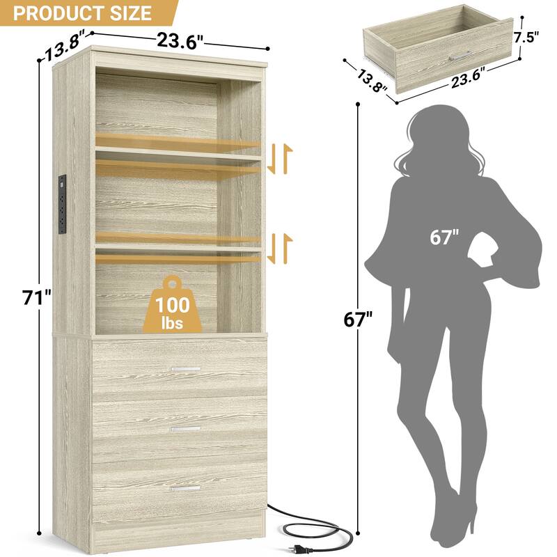 Tall Buffet Sideboard with Charging Station, Storage Pantry Organizer with Drawers and Shelves