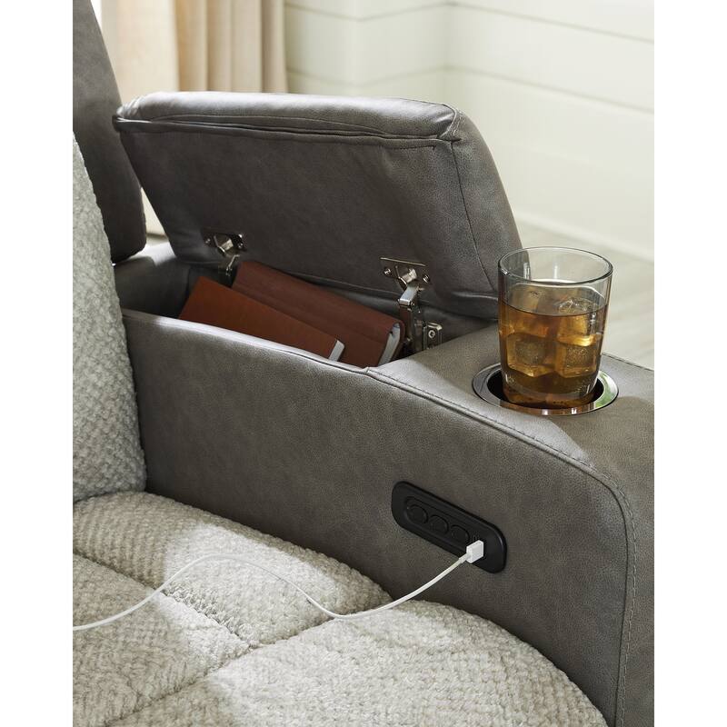 Signature Design by Ashley Stately Check Gray Power Reclining Loveseat with Console - 77"W x 42"D x 44"H