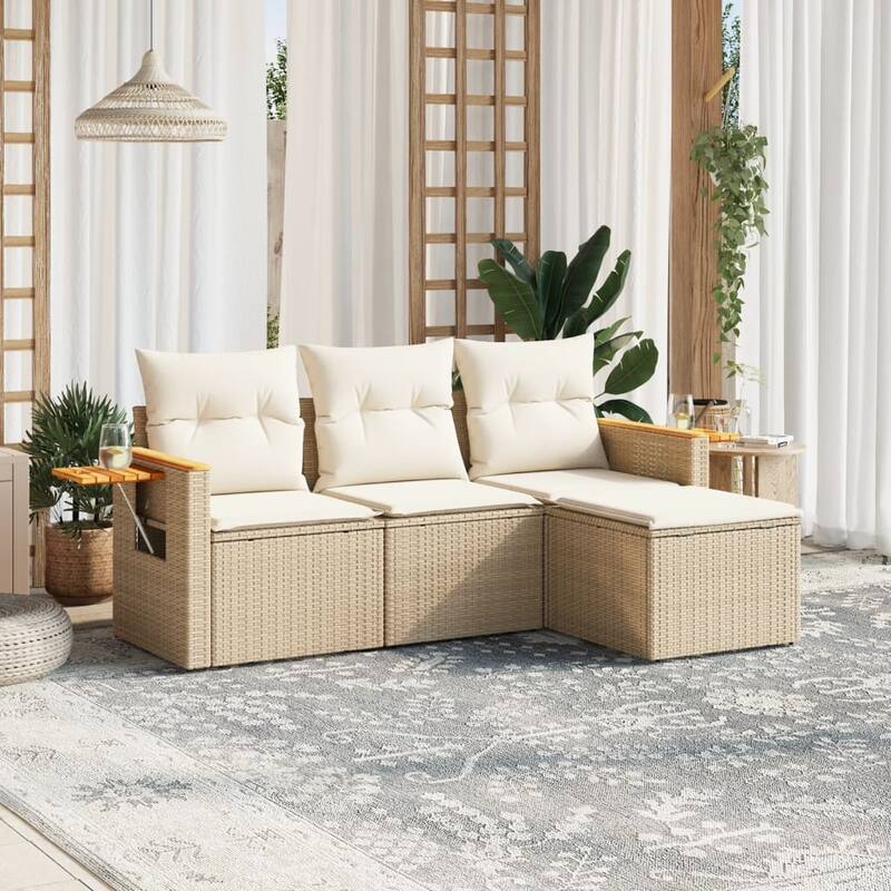 vidaXL Patio Sofa Set with Cushions Outdoor Furniture 4 Piece Poly Rattan - Beige and cream - 24.4 x 33.5 x 27.2 in