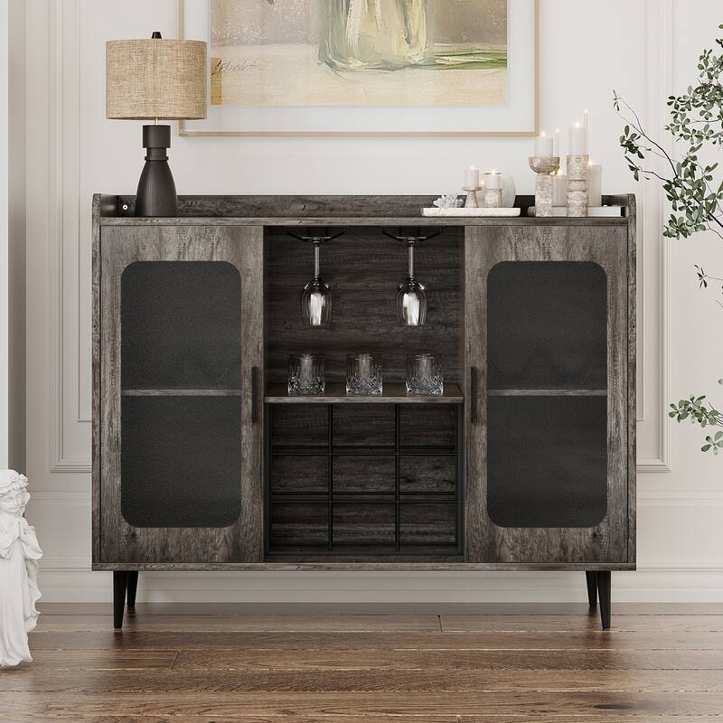 Modern Farmhouse Bar Cabinet with Charge Station and LED Light - Grey Oak