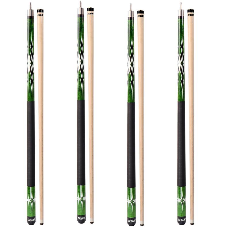 GSE™ Set of 4 Canadian Maple Hardwood Billiard Pool Cue Sticks. 58" 2-Piece Pool Cue Set for House or Commercial Use - Green