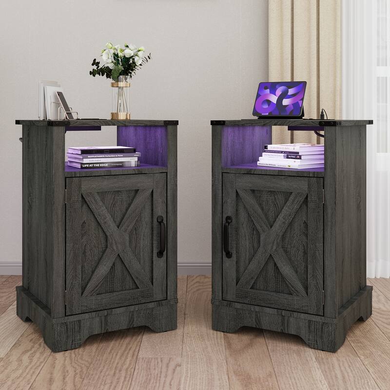 Farmhouse Nightstand Set of 2 With LED Lights and Charging Station - Grey