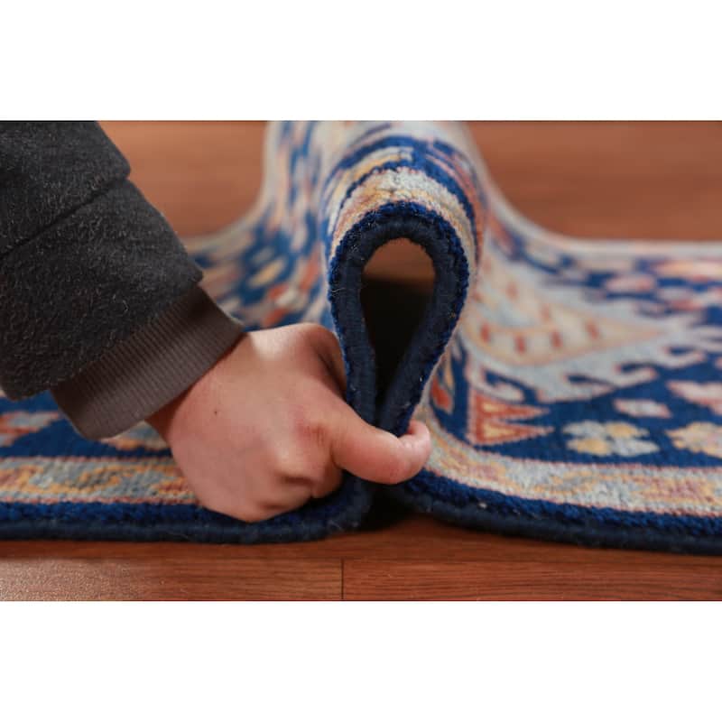 Hand Knotted Oriental 100% Wool Carpet Traditional Geometric Navy Blue & Blues Kazak Runner Rug - 7' 9'' X 2' 7''