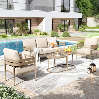 MAISON ARTS 5-Seater Patio Conversation Set Curved Metal Wood-Like Sofa Set
